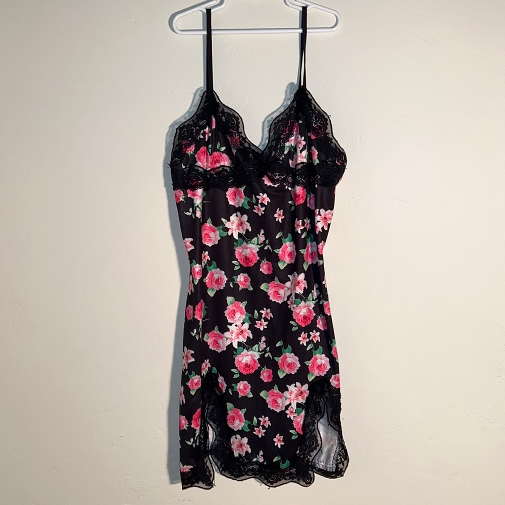 Black and pink floral slip dress with lace